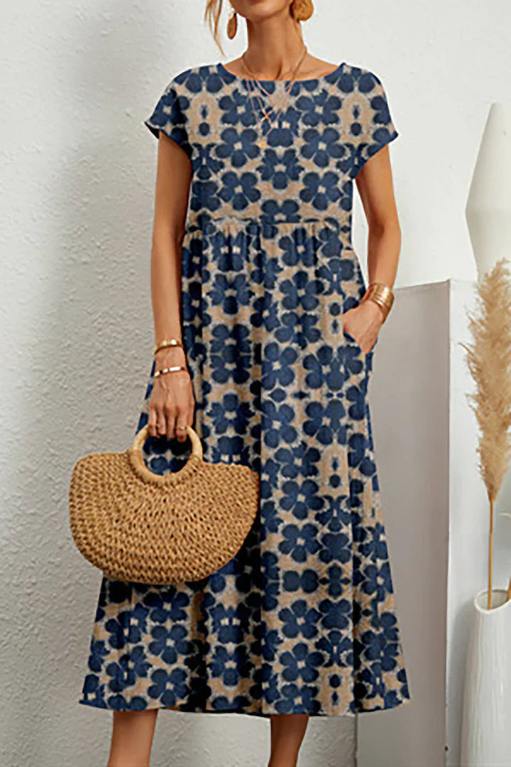 Bohemian bloemenprint midi-jurk met kapmouwen