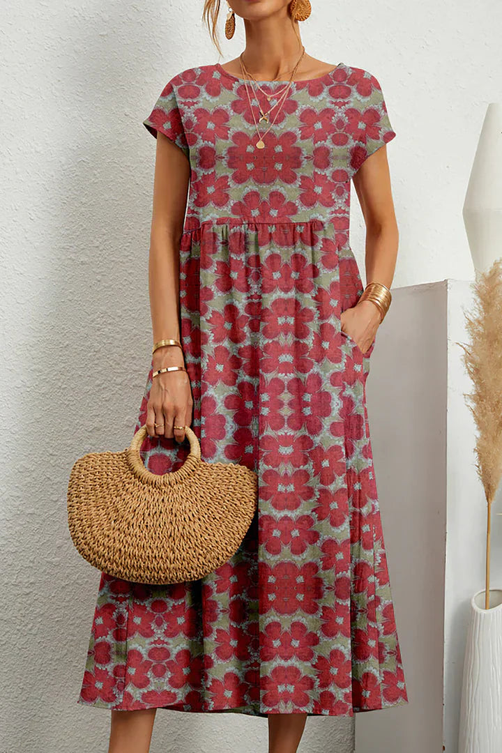 Bohemian bloemenprint midi-jurk met kapmouwen