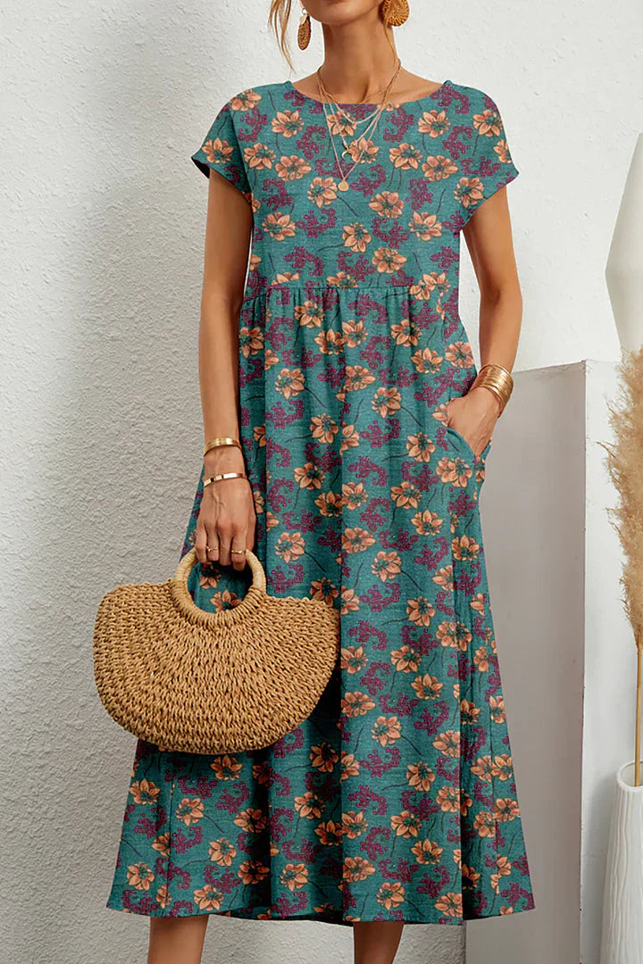 Bohemian bloemenprint midi-jurk met kapmouwen