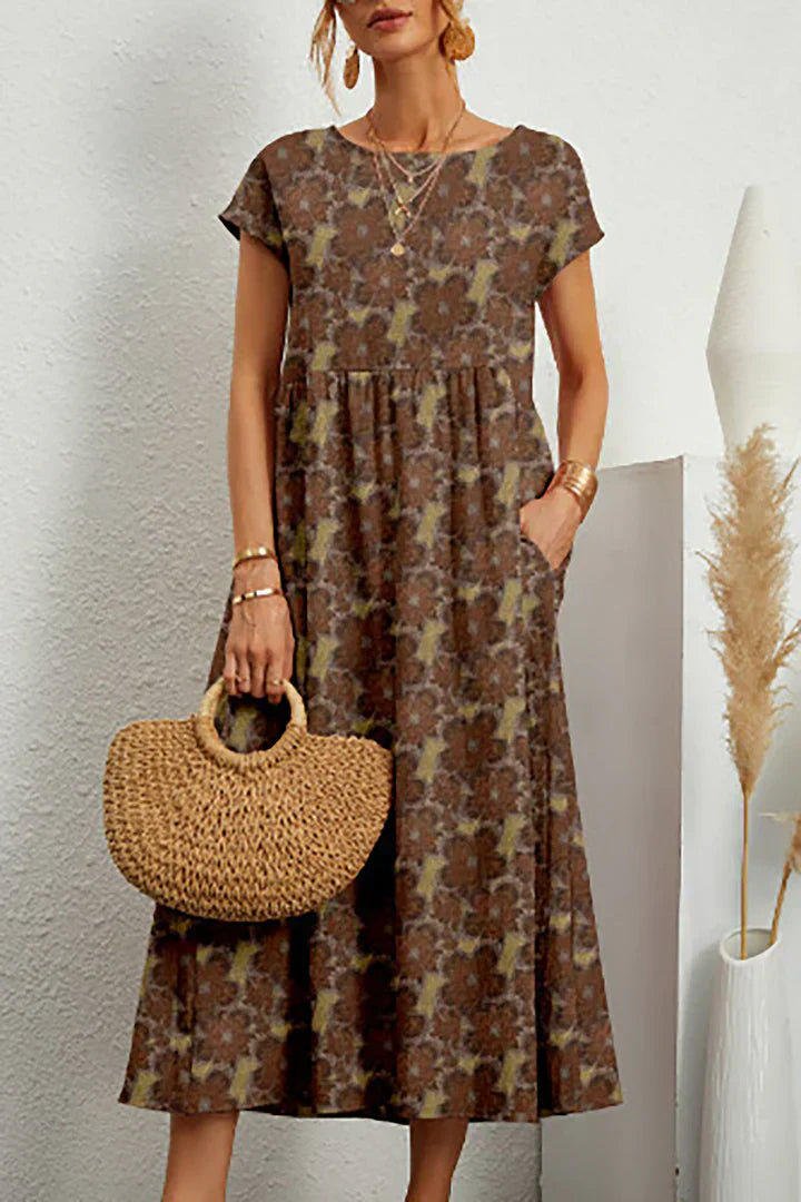 Bohemian bloemenprint midi-jurk met kapmouwen