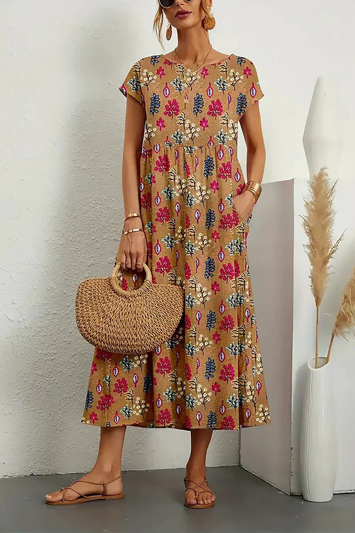 Bohemian bloemenprint midi-jurk met kapmouwen