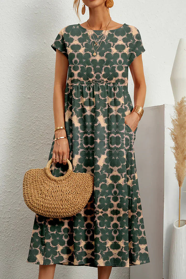Bohemian bloemenprint midi-jurk met kapmouwen