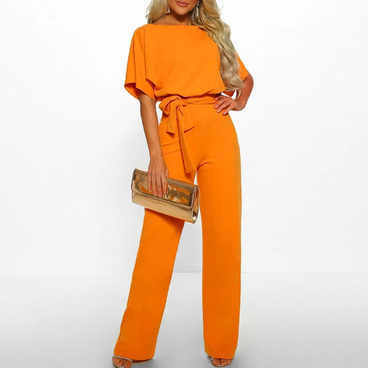chique zomerse jumpsuit met wijde pijpen trekkoord geplofte mouwen top shirt broek chique elegant zomer lente oranje