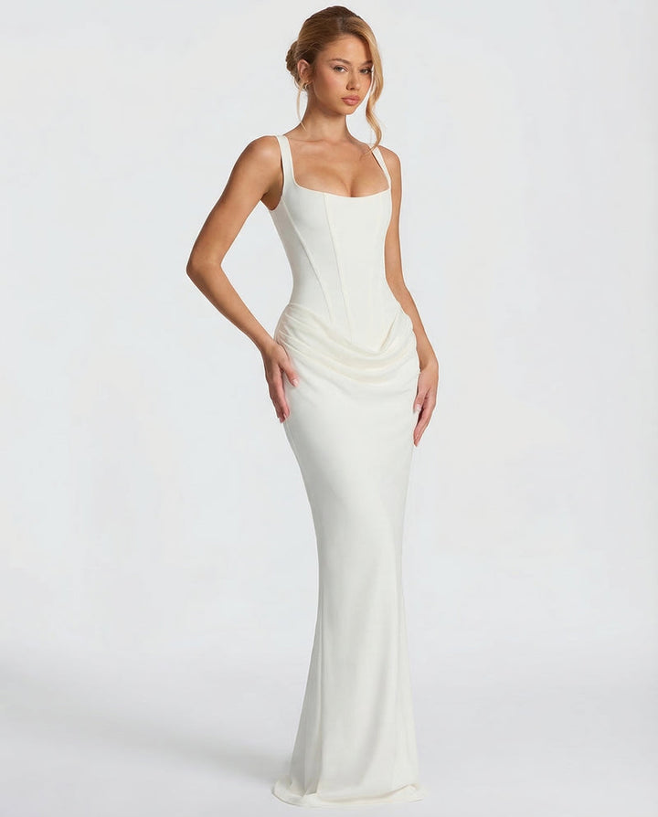 Corset-maxi-jurk met gedrapeerde rok en vetersluiting op de rug.