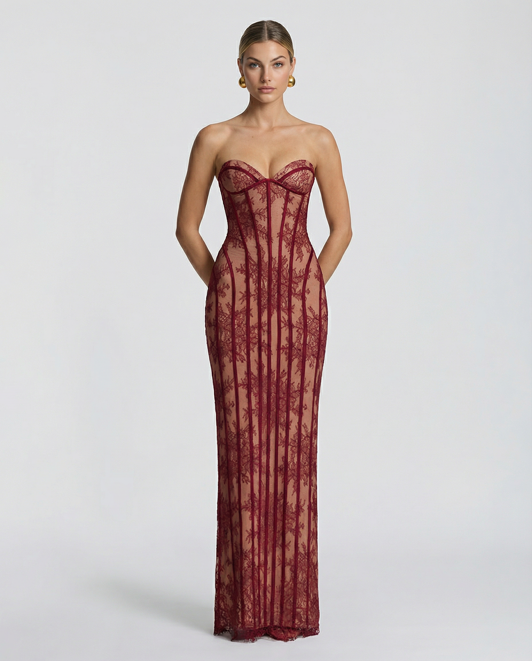 Strapless maxi-jurk met bloemenkant en korset
