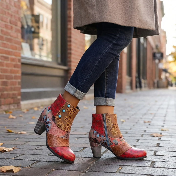 Patchwork bloemige enkellaars met hoge hak - roze