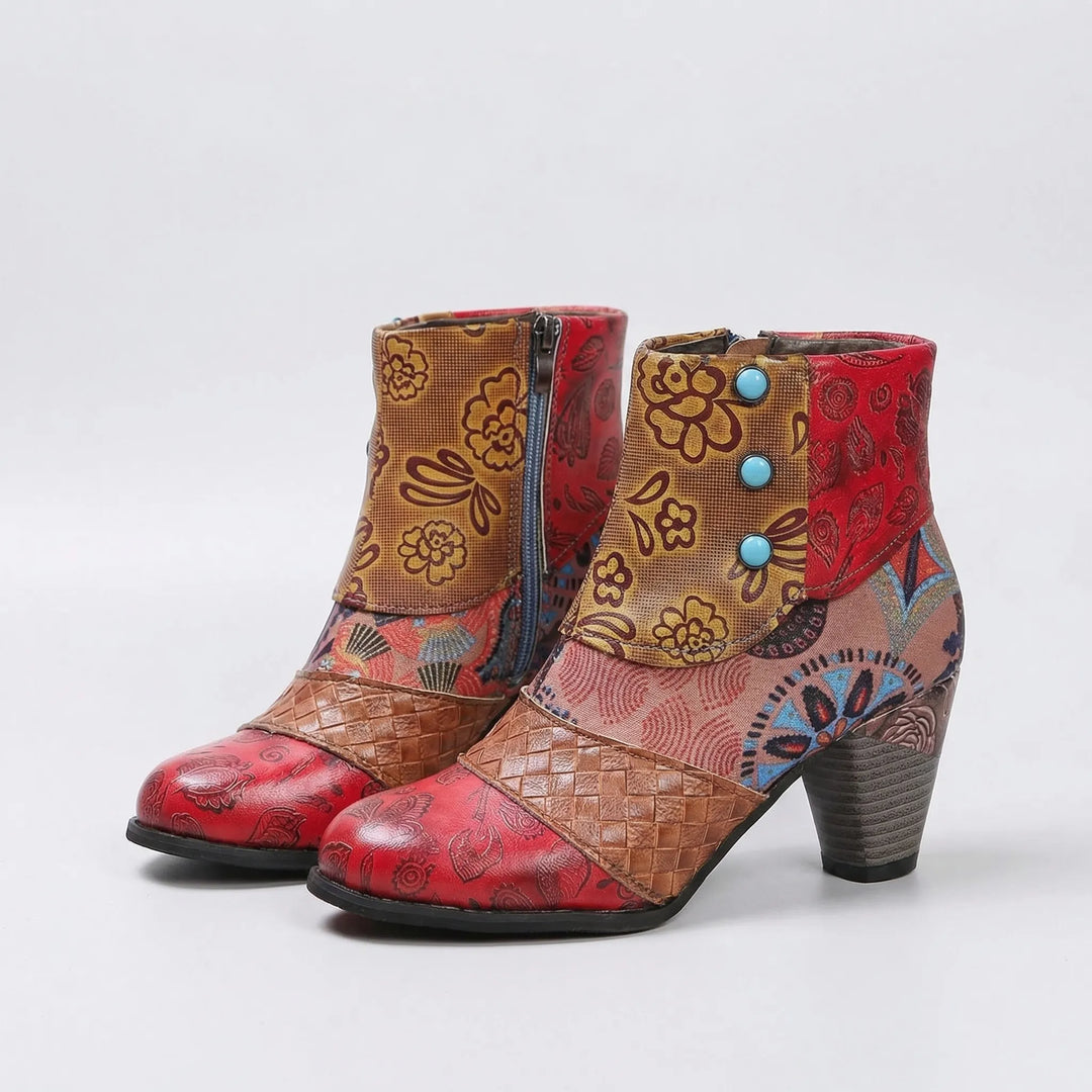 Patchwork bloemige enkellaars met hoge hak - roze