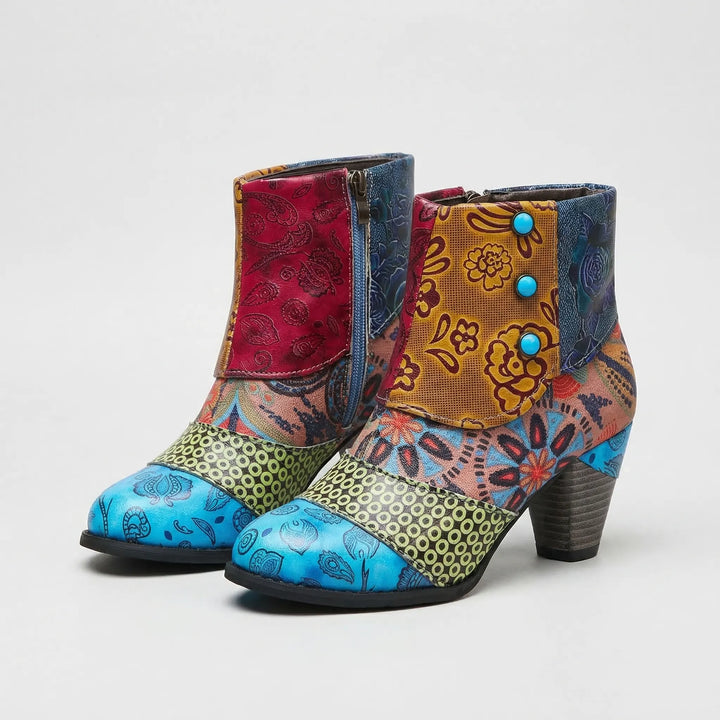 Patchwork bloemige enkellaars met hoge hak - roze