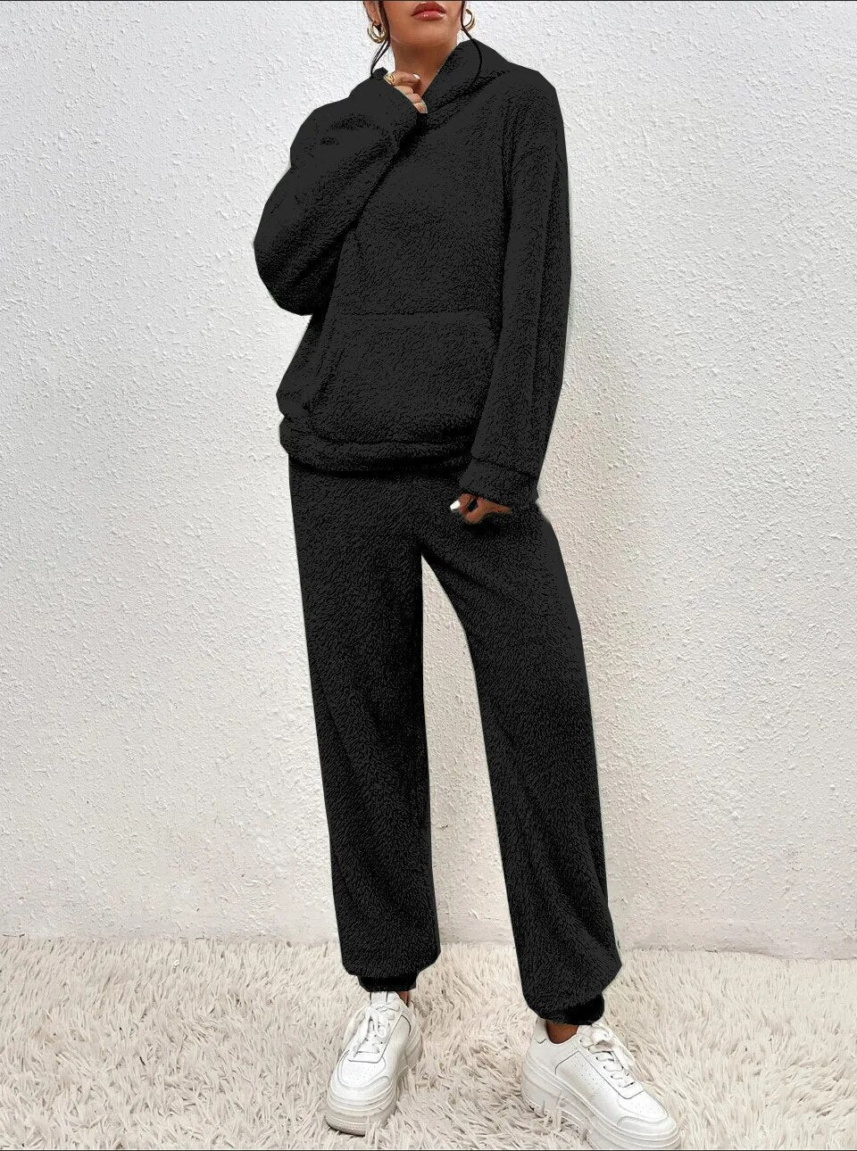 Dames Teddy Fleece Huispak met Capuchon – 2-delige Loungewear Set voor Winter en Herfst