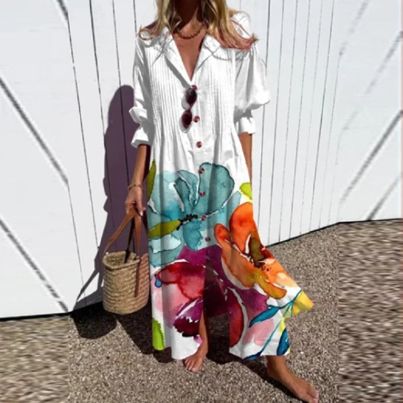Maxi-jurk met bloemenprint, V-hals en lange mouwen voor dames