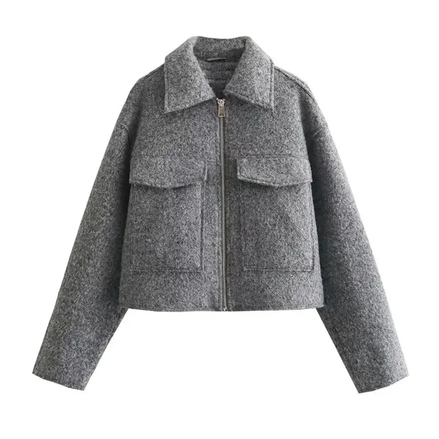 Grijze Wollen Cropped Tweed Jasje Voor Dames Voor De Winter - Linda