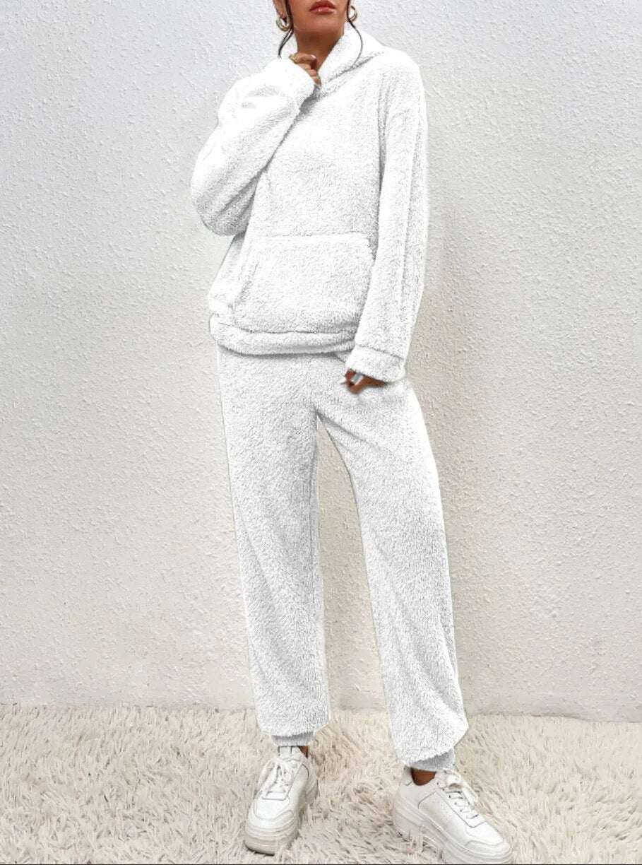 Dames Teddy Fleece Huispak met Capuchon – 2-delige Loungewear Set voor Winter en Herfst
