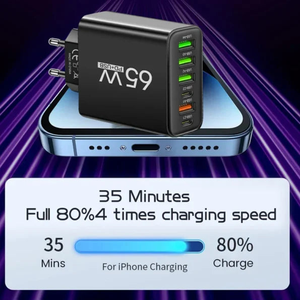 PowerMax 65W 6-in-1 Snellader – Laadt tot 6 apparaten tegelijk op – Ideaal voor thuis, kantoor en op reis