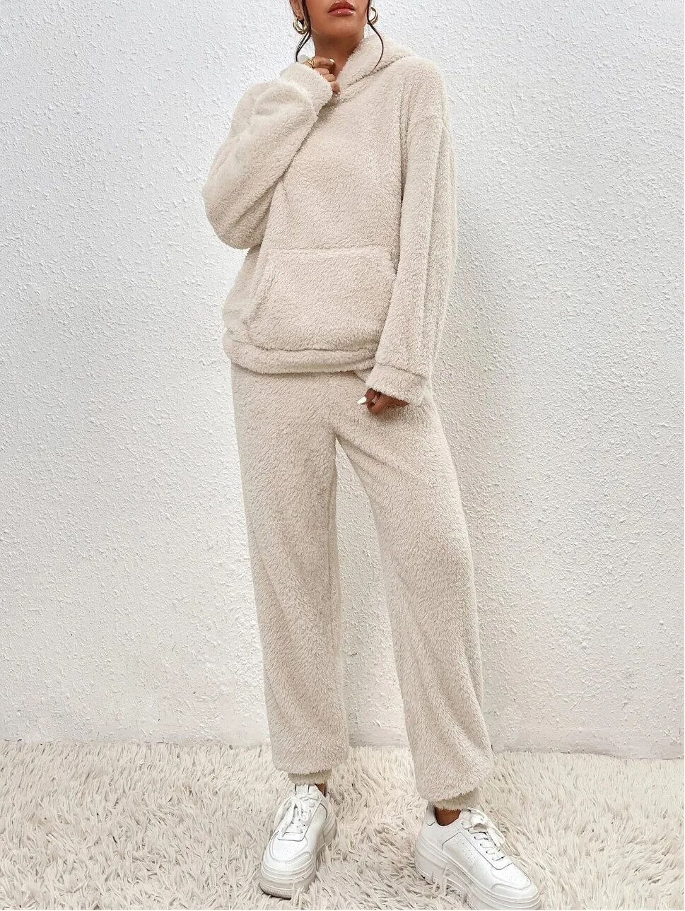 Dames Teddy Fleece Huispak met Capuchon – 2-delige Loungewear Set voor Winter en Herfst