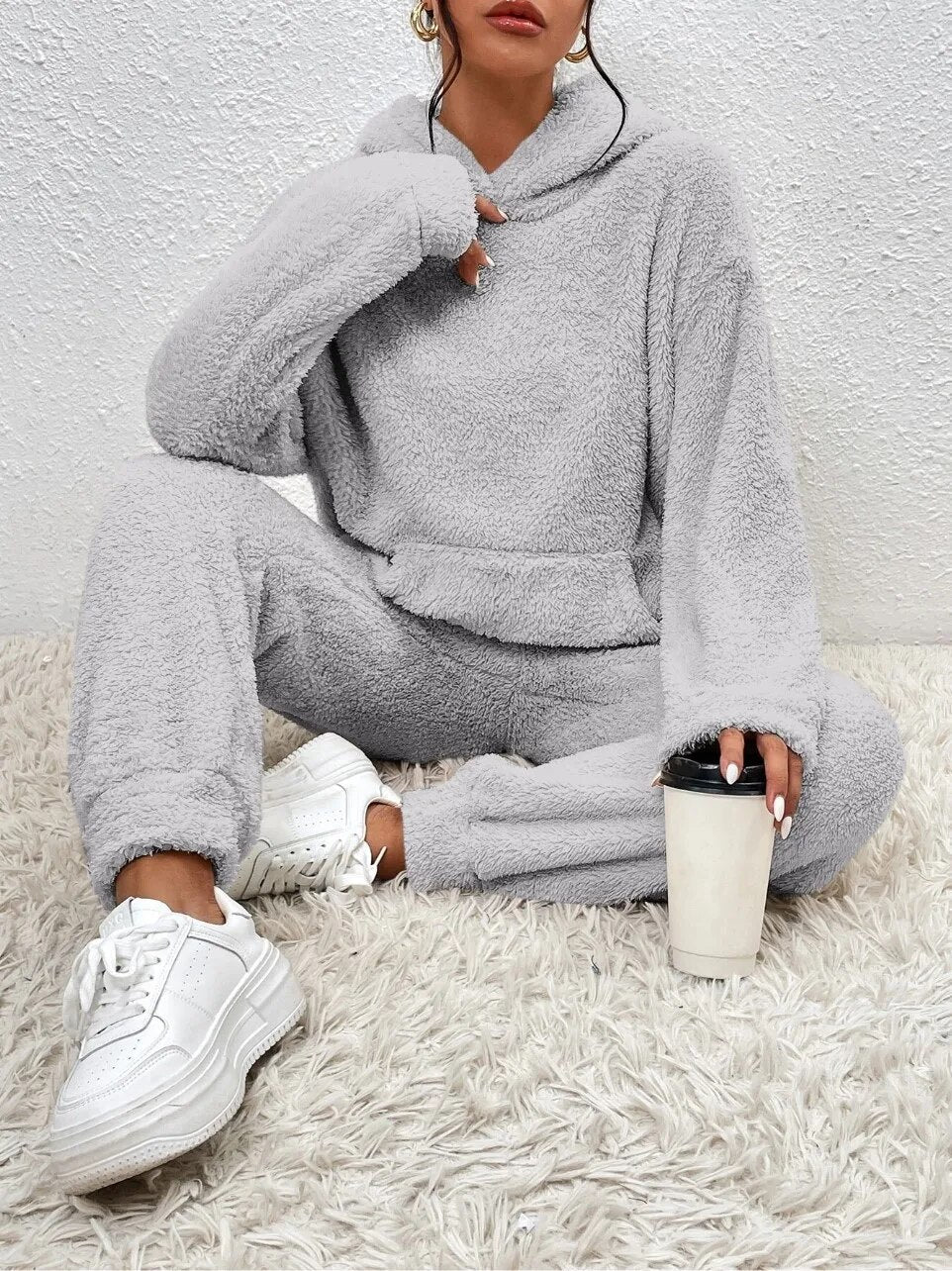 Dames Teddy Fleece Huispak met Capuchon – 2-delige Loungewear Set voor Winter en Herfst