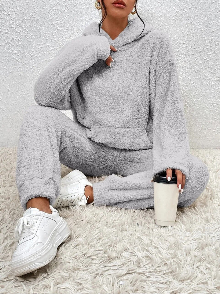 Dames Teddy Fleece Huispak met Capuchon – 2-delige Loungewear Set voor Winter en Herfst