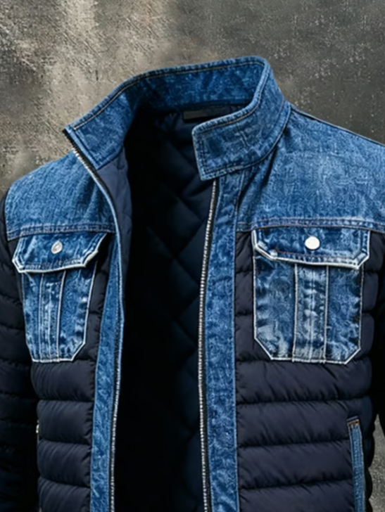 Gewatteerd denim jack voor heren met opstaande kraag en ritssluiting aan de voorkant, blauw