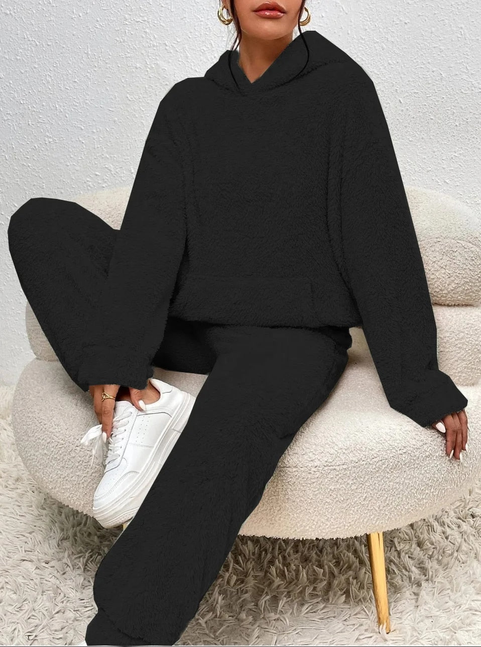 Dames Teddy Fleece Huispak met Capuchon – 2-delige Loungewear Set voor Winter en Herfst