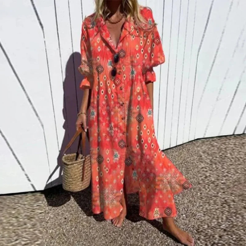 Maxi-jurk met bloemenprint, V-hals en lange mouwen voor dames