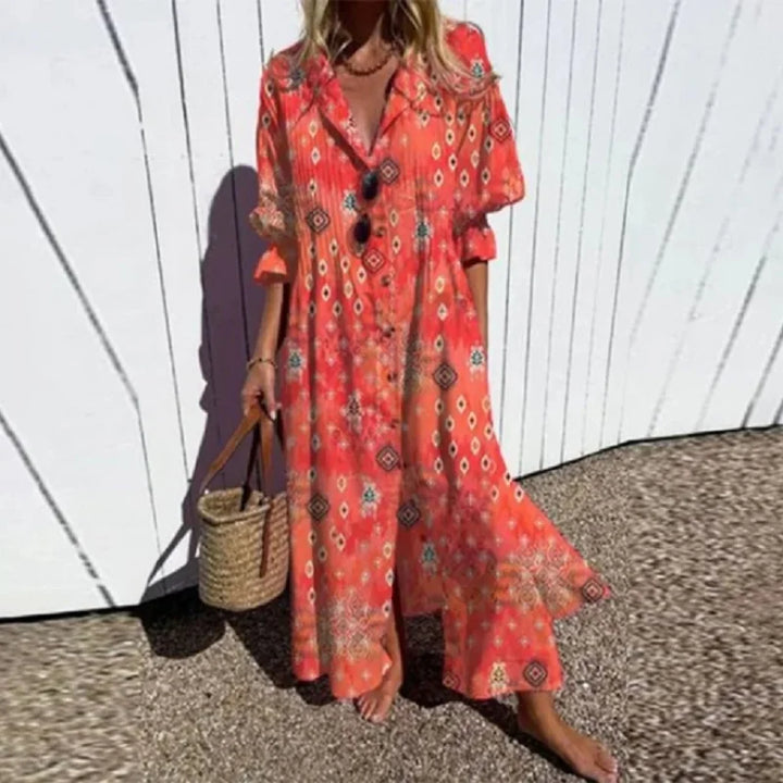Maxi-jurk met bloemenprint, V-hals en lange mouwen voor dames