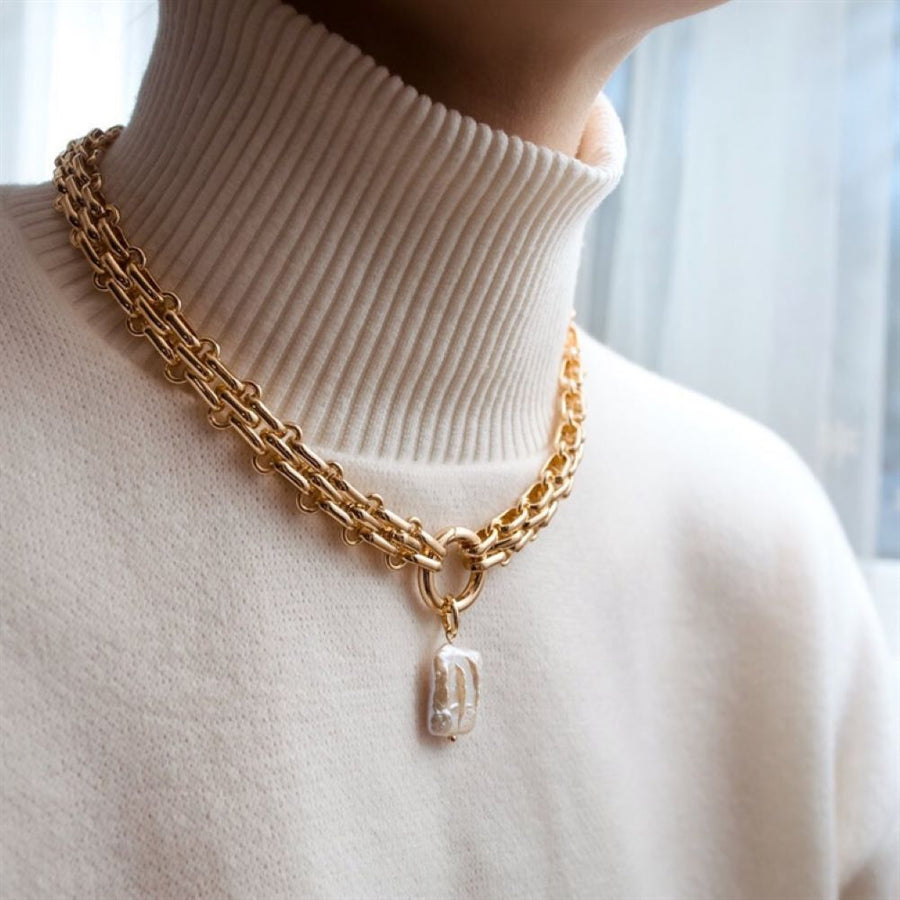 LuxePearl – Barok Zoetwaterparel Ketting met Goud-Zilveren Schakel