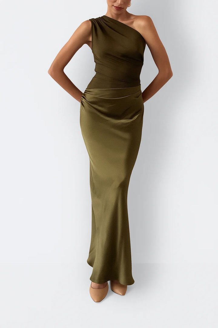 Dames Maxi Jurk One Shoulder met Geplooide Taille