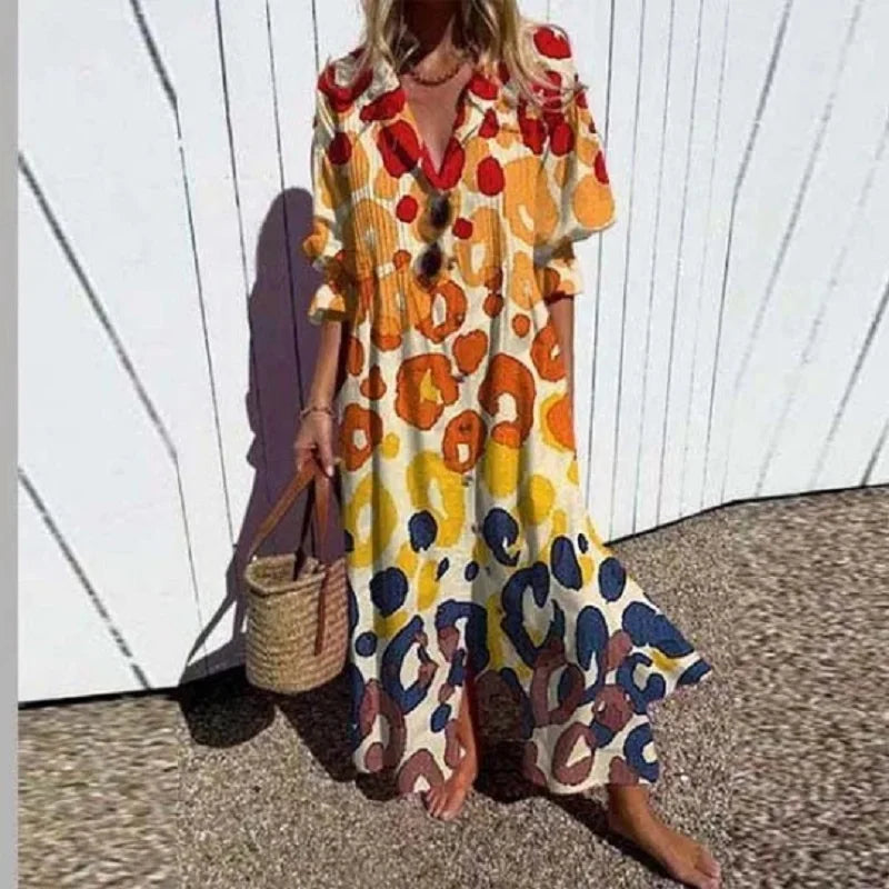 Maxi-jurk met bloemenprint, V-hals en lange mouwen voor dames
