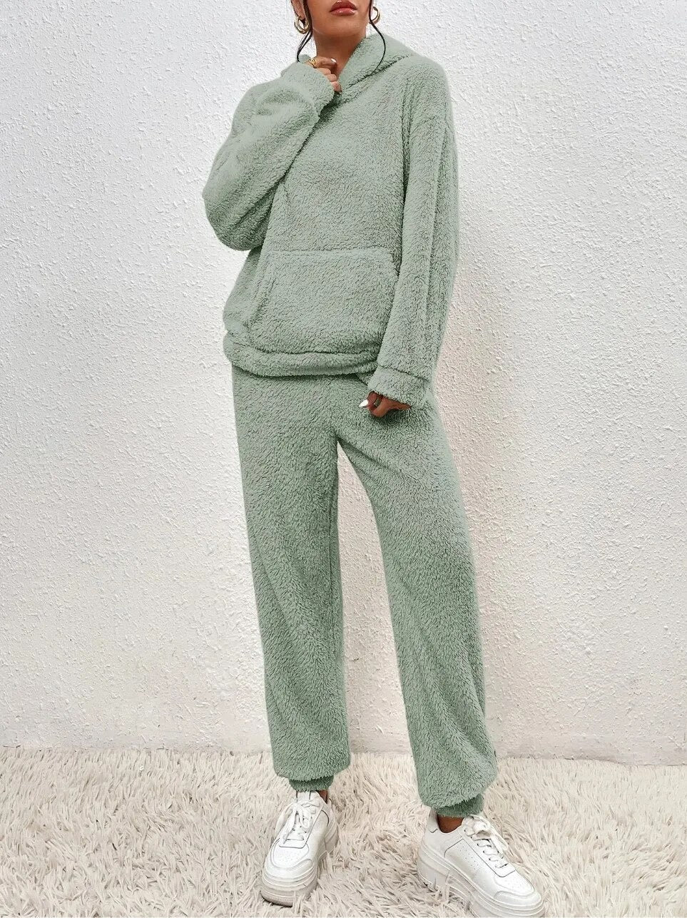 Dames Teddy Fleece Huispak met Capuchon – 2-delige Loungewear Set voor Winter en Herfst