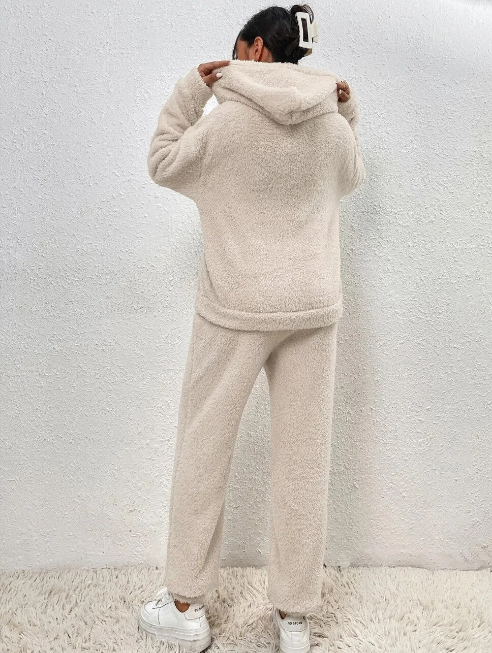 Dames Teddy Fleece Huispak met Capuchon – 2-delige Loungewear Set voor Winter en Herfst