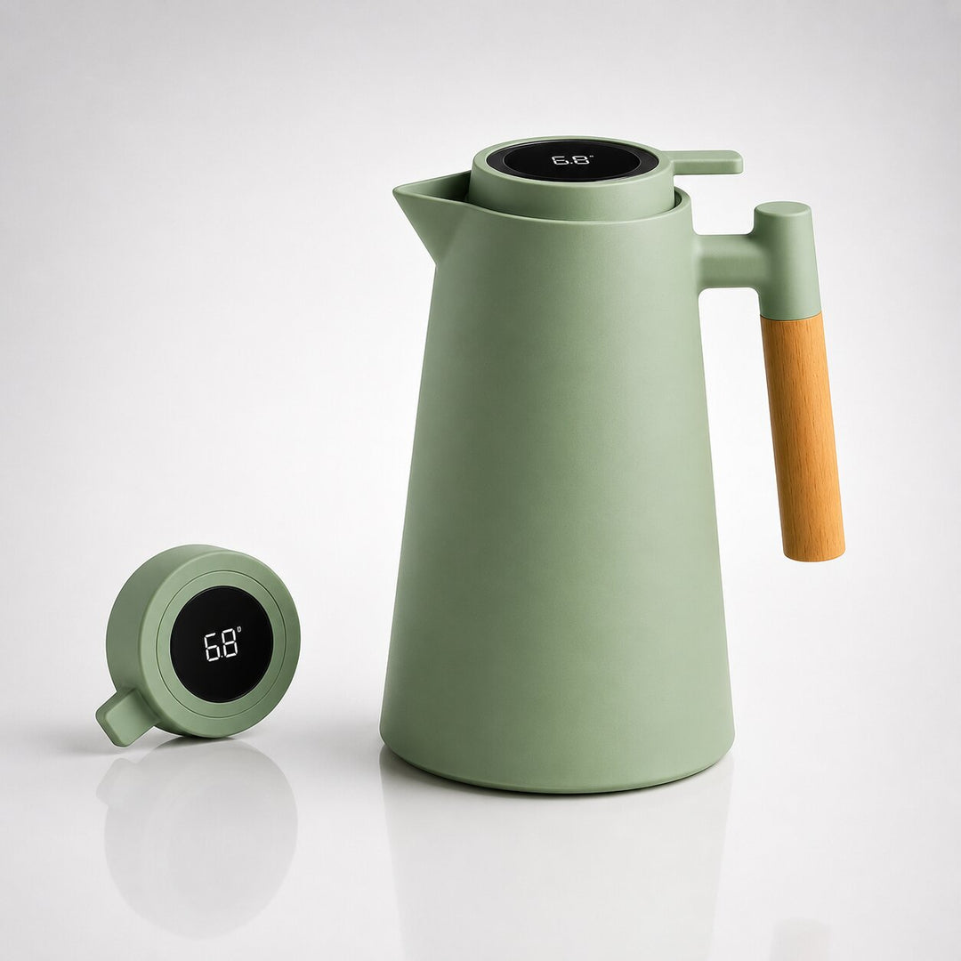 Thermoskan 1 liter met temperatuurdisplay in de dop en lekvrije tuit
