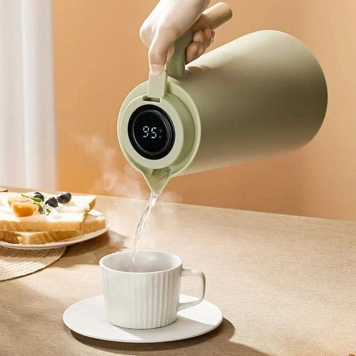 Thermoskan 1 liter met temperatuurdisplay in de dop en lekvrije tuit