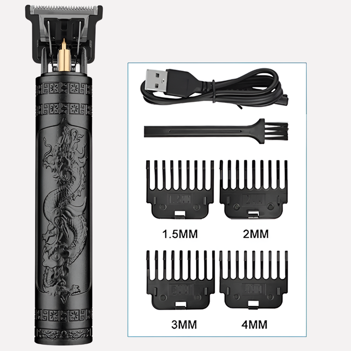 TrimMaster Pro – Professionele Draadloze Tondeuse voor Hoofd- en Baardhaar – Inclusief Oplaadkabel en Opzetstukjes – Verkrijgbaar in Goud of Zwart