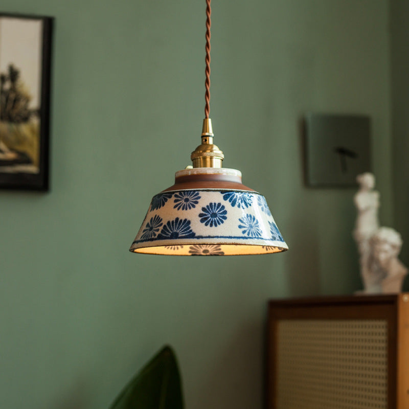 Vintage handbeschilderde keramische hanglamp met stoffen snoer