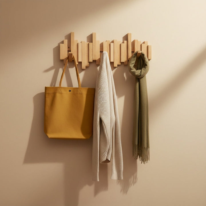Houten wandkapstok "Piano" met klapbare haken – hal & slaapkamer