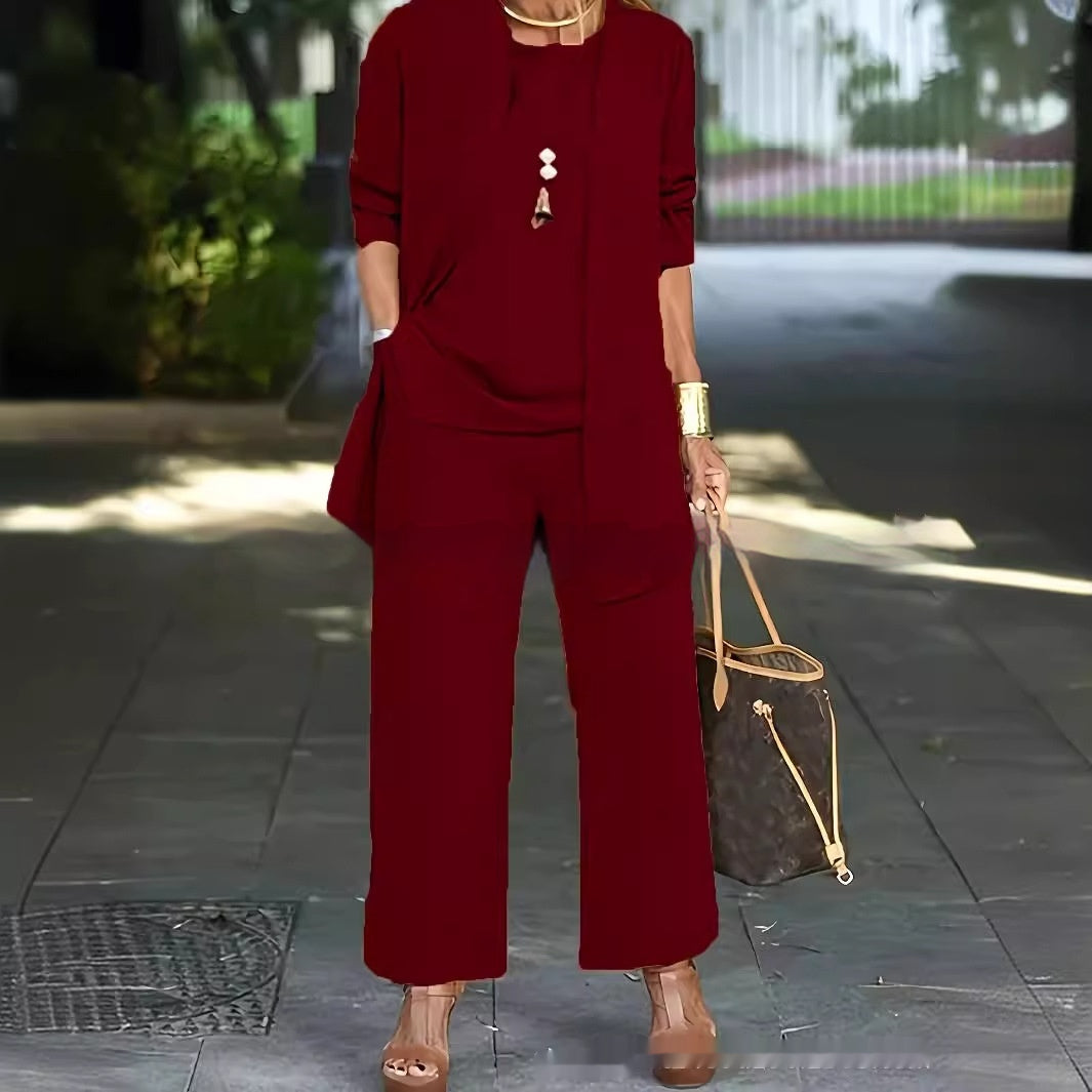3-piece Cardigan Suit Pure Color Split Sleeveless Vest Top Long Sleeve Jacket And Wide Leg Pants Set
