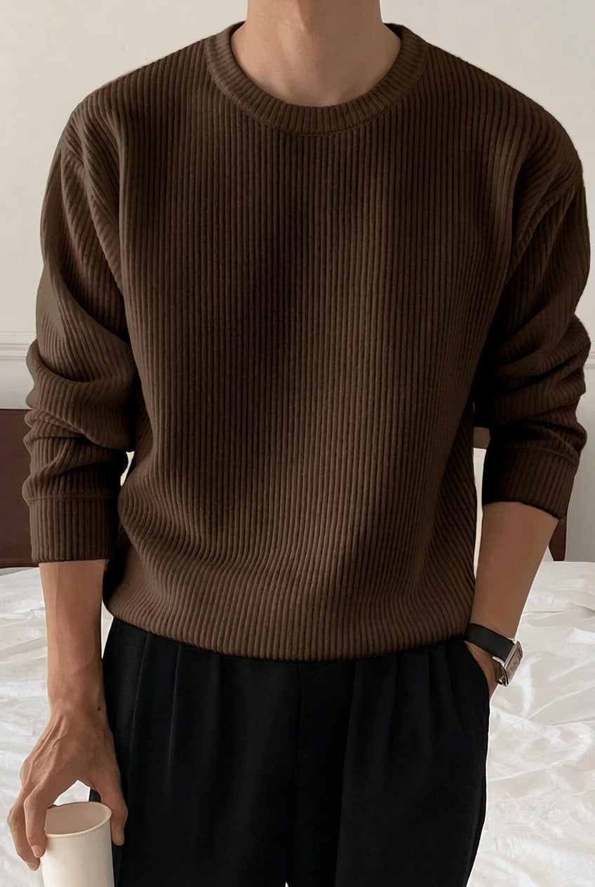 Heren Ribgebreide Crew-Neck Trui met Losse Pasvorm