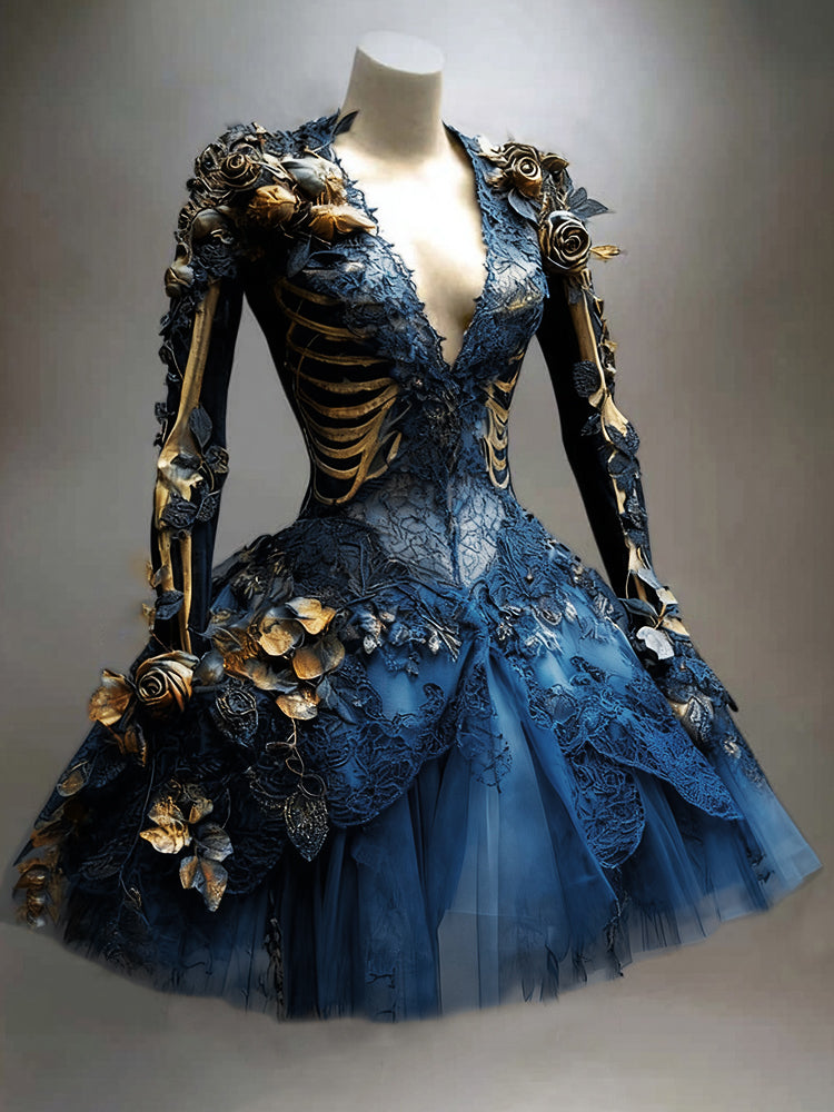 Gothic skeletjurk voor dames met lange mouwen, mini, voor Halloween