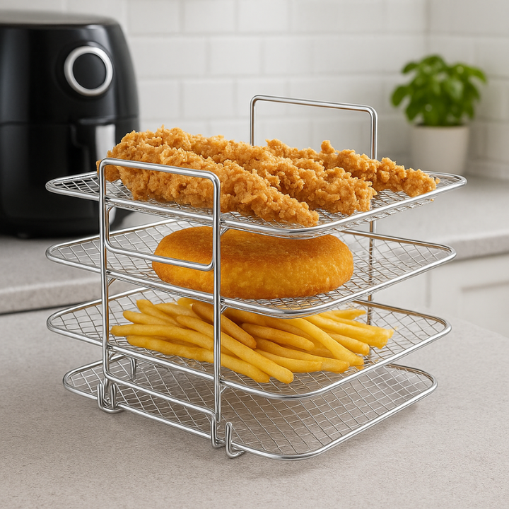 Airfryer-accessoire rek met 3 etages, roestvrijstalen gaasplateaus en uitneembare roosters