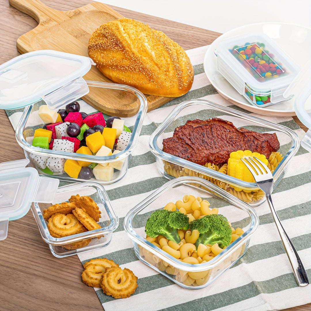Set van 8 glazen voedselcontainers – Bento containers voor meal prep, luchtdicht, met lekvrije deksels, geschikt voor magnetron, oven, vriezer en vaatwasser, BPA-vrij