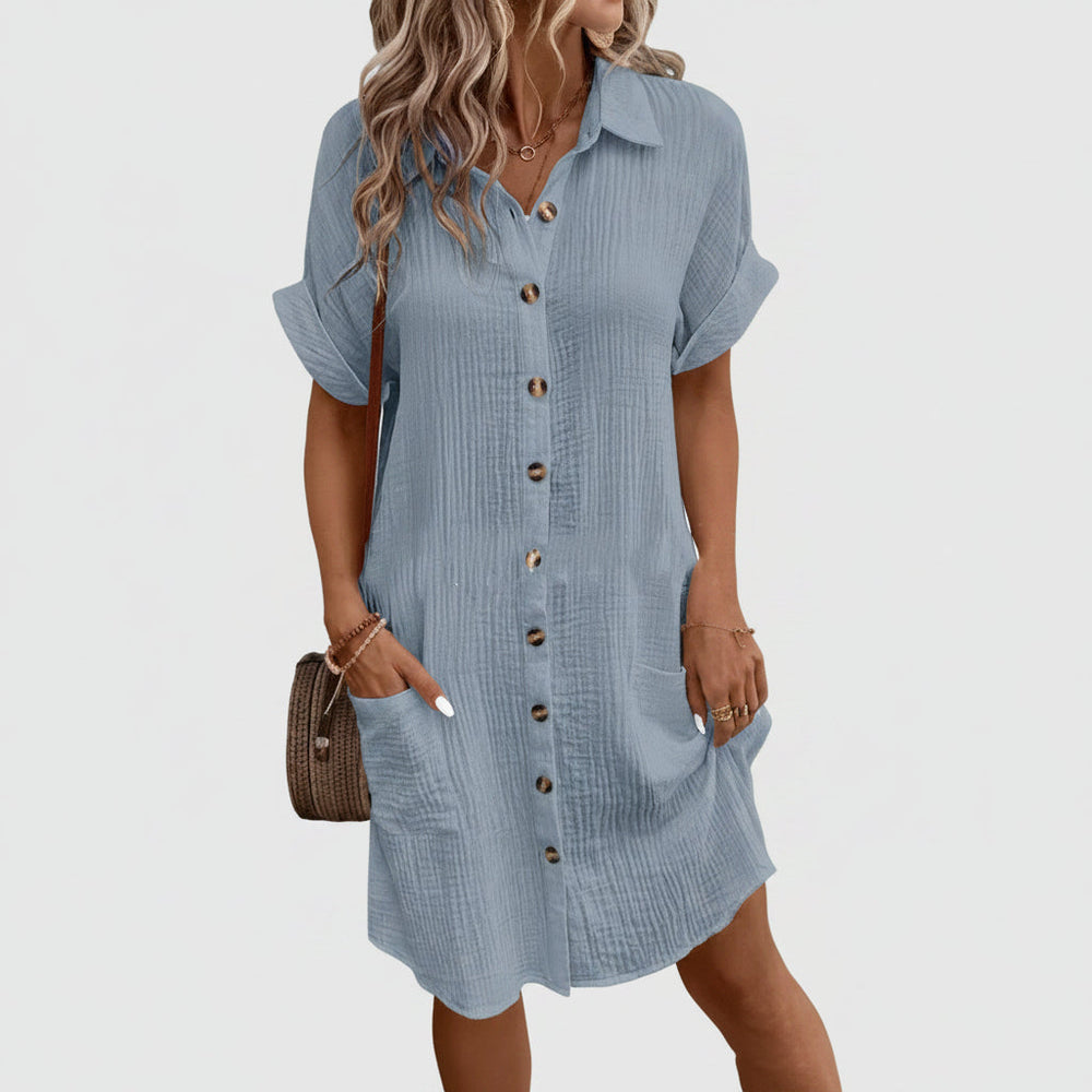 Summer Short Sleeve Shirt Dress Fashion Solid Color Single-breasted Mid-length Loose Dress