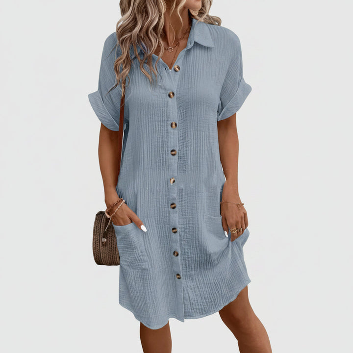 Summer Short Sleeve Shirt Dress Fashion Solid Color Single-breasted Mid-length Loose Dress