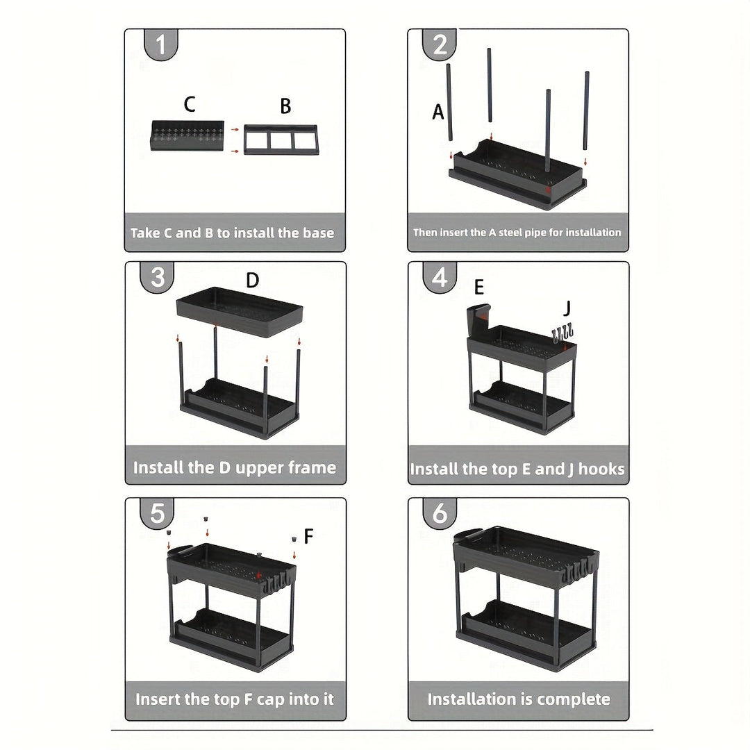 2-Laags Organizer met Haken en Beker – Slim en Stabiel Opbergsysteem voor Onder de Gootsteen of het Aanrecht