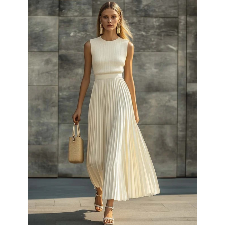 Bernadette | Elegante Crèmekleurige Maxi Jurk voor Dames met Plissé
