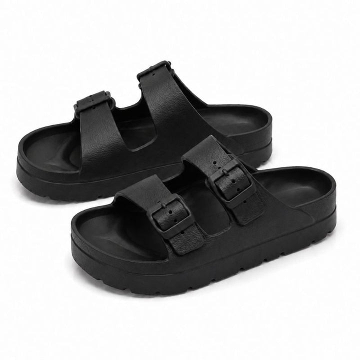 Zwarte orthopedische plateau-slippers met gevoerd EVA-schuim en verstelbare gespen