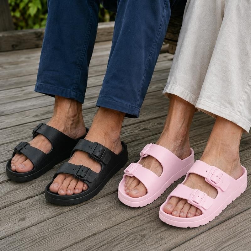 Zwarte orthopedische plateau-slippers met gevoerd EVA-schuim en verstelbare gespen
