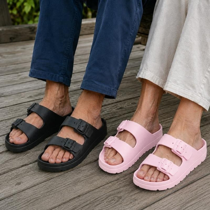 Zwarte orthopedische plateau-slippers met gevoerd EVA-schuim en verstelbare gespen
