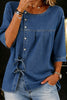 Denim blouse met knoopsluiting en strikbandjes opzij voor dames