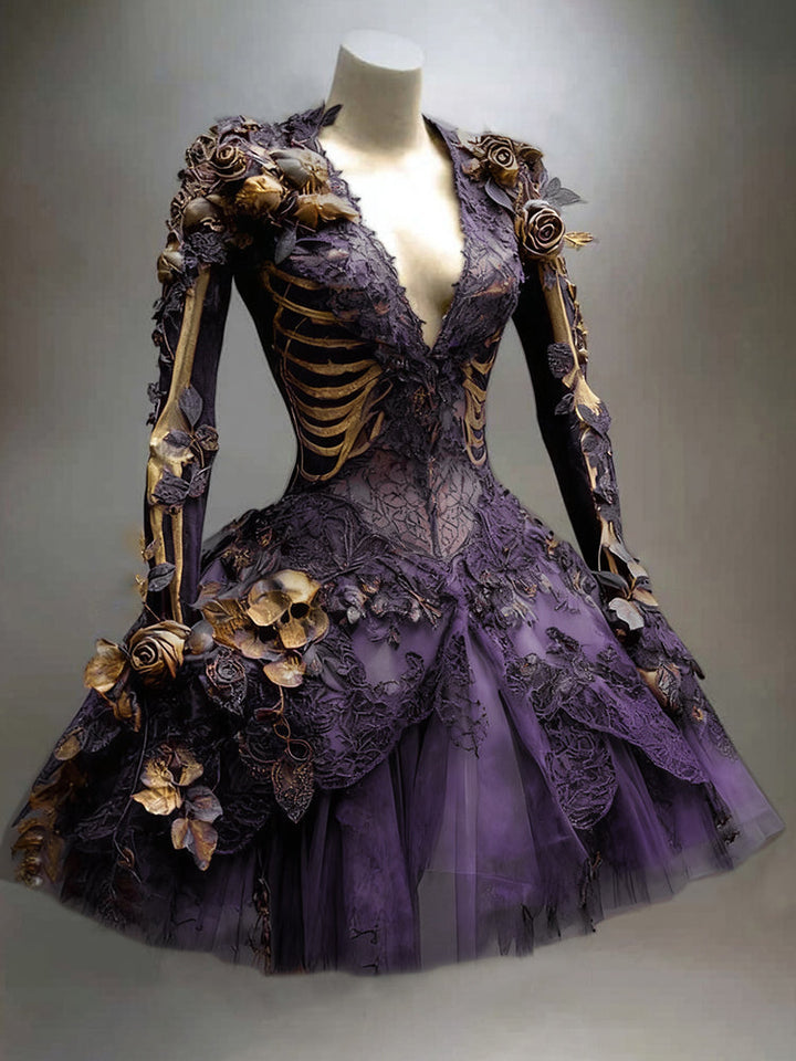 Dames gothic skelet mini-jurk met lange mouwen voor Halloween