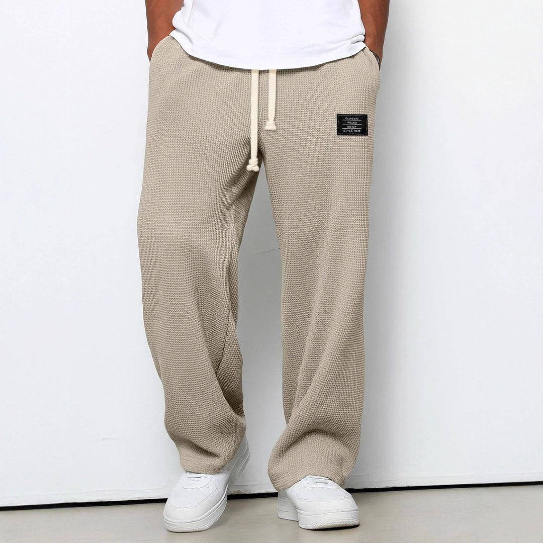 Waffle Straight Pants Fashion Brand Loose Loose Drawstring Pockets Trousers Casual Men's Clothing