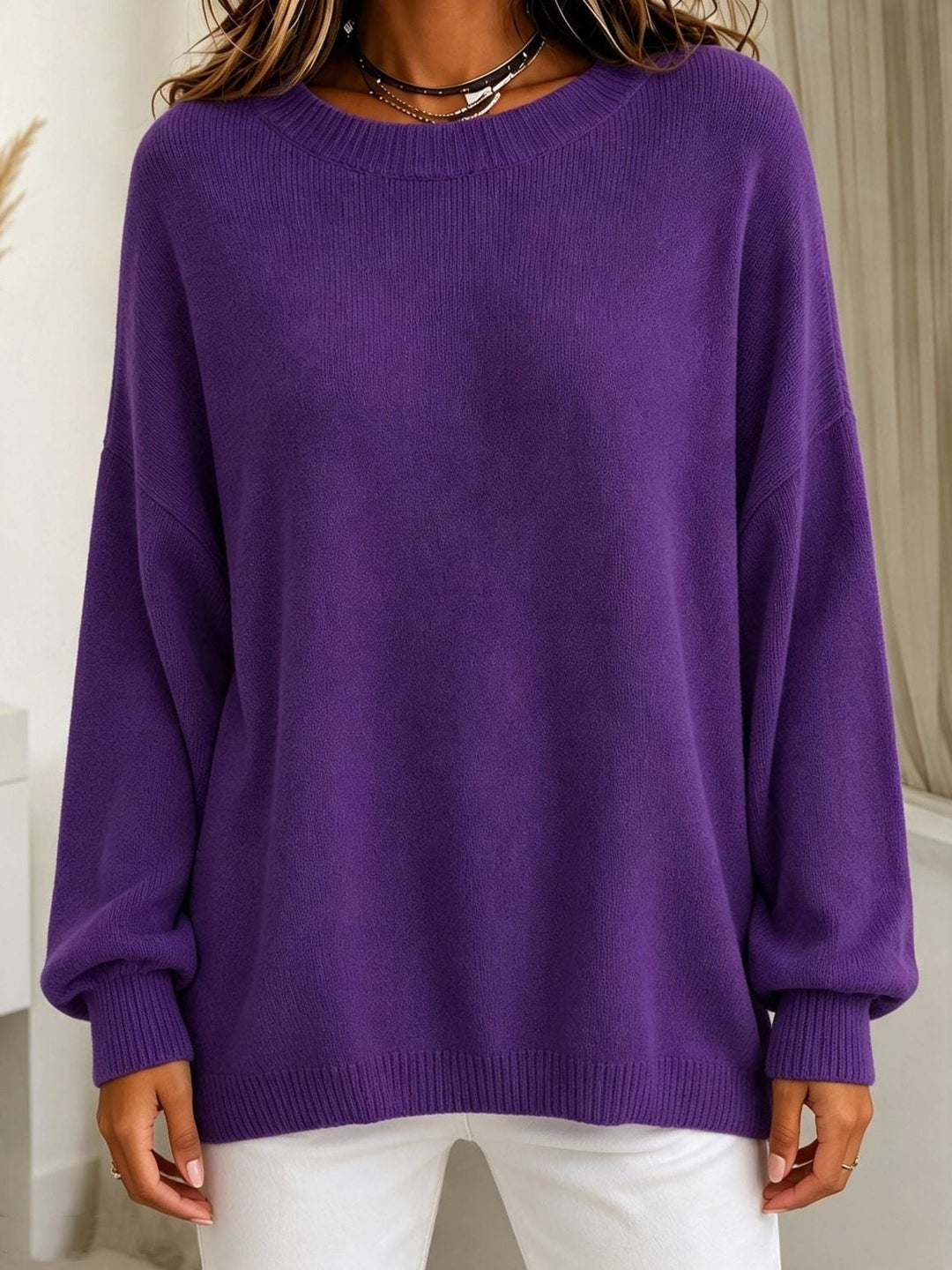 Ribgebreide trui met cashmere gevoel en afvallende schouders voor dames
